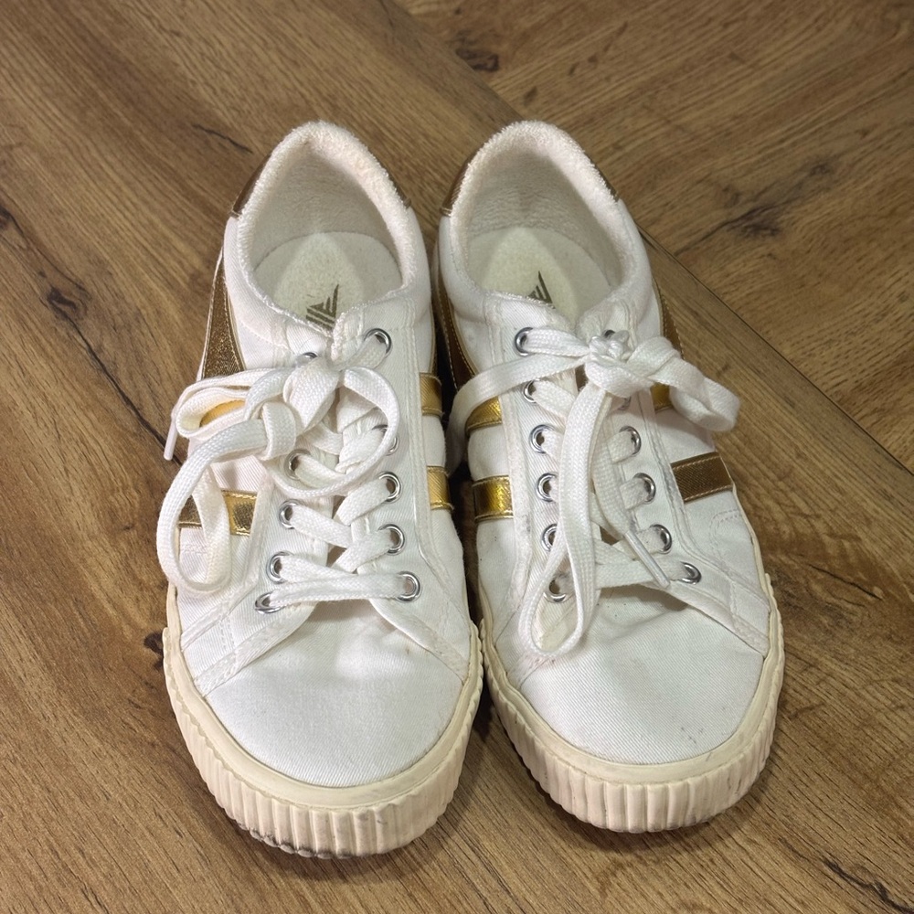Gola White Canvas Sneakers with Gold Stripes